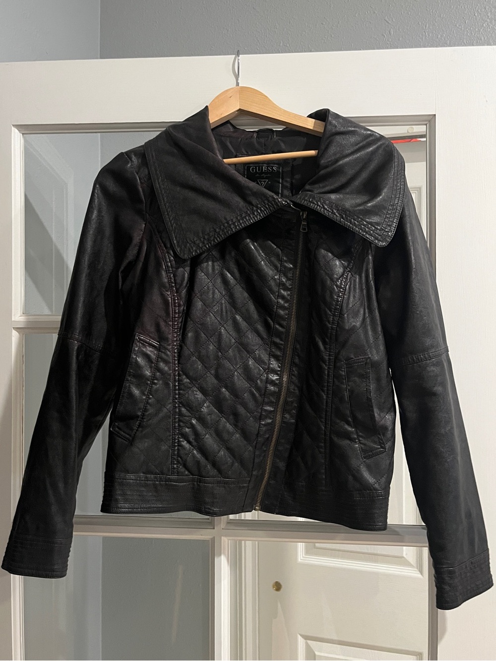 GUESS Brown Quilted Fold Over Faux Leather Bomber Jacket